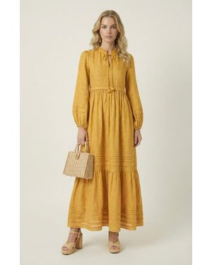 Modenaire Midi Shirred Neckline Tie Front Long Sleeve Tiered Hem Dress - Yellow