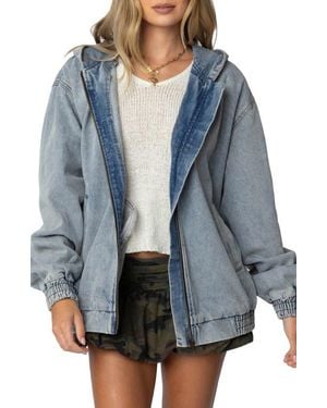 Edikted Front Zip Denim Hooded Jacket - Gray