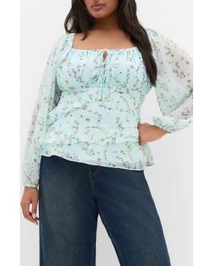 City Chic Ditsy Ruffle Top - Blue