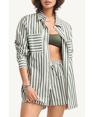 Vitamin A Nadia Stripe Oversize Organic Cotton Cover-Up Shirt - Black