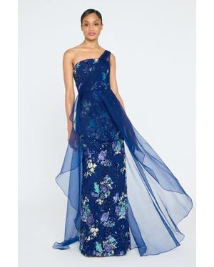 THEIA Noemi Column Gown With Overlay - Blue