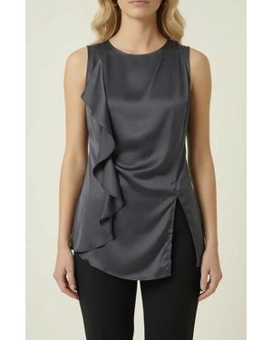 Modenaire Sleeveless Blouse With Asymmetric Ruffle And Draped Detail - Gray