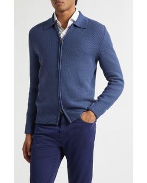 Isaia Wool, Silk & Cashmere Bomber Cardigan - Blue