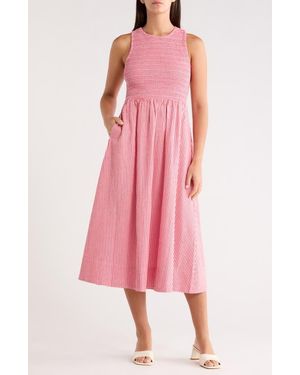 Marine Layer Darcy Stripe Smocked Seersucker Midi Dress - Pink