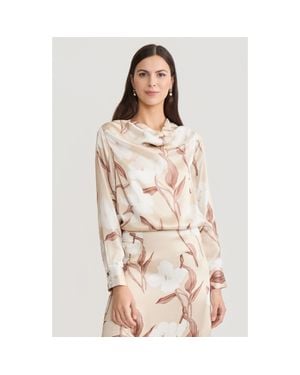 Misook Draped Neck Floral Print Silk Blouse - Natural