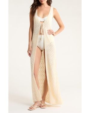 Elan Sleeveless Tie Front Pointelle Cover-Up - Natural