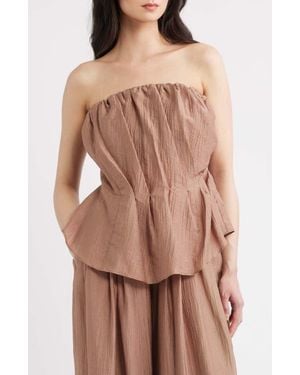 a.ren Lumin Pleated Strapless Peplum Top - Brown