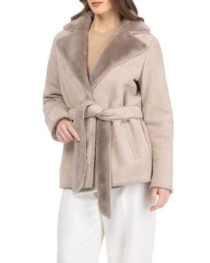 Gorski Genuine Shearling Belted Jacket With Whipstitch Trim - Natural