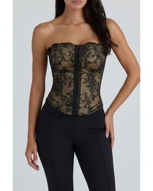 Popilush Leopard Lace Faux Denim Detachable Strap Corset Bustier - Black