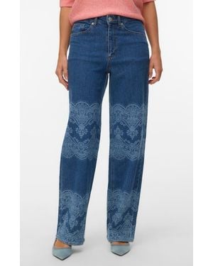Vero Moda High Waist Laser Print Wide Leg Jeans - Blue