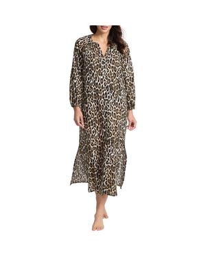 Tommy Bahama Leopard Long Sleeve Cotton Cover-Up Midi Dress - Brown
