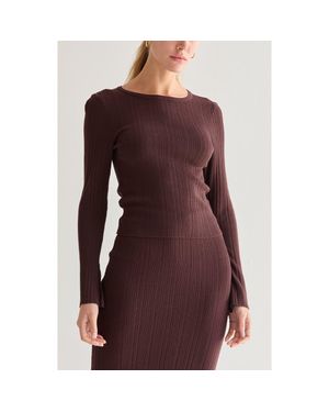 Crescent Bell Sleeve Ribbed Knit Top - Brown