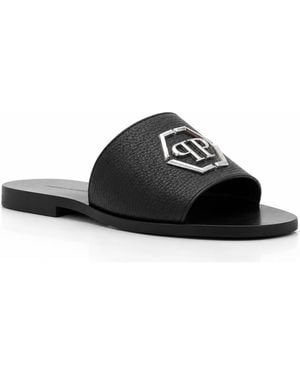 Philipp Plein Leather Sandals Big Hexagon - Black