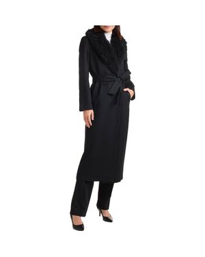Sofiacashmere Genuine Shearling Collar Tie Waist Wool & Cashmere Coat - Black