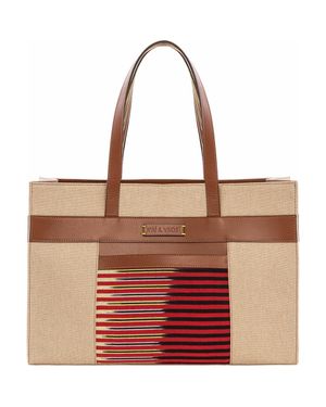 Kai & Vrosi Leather & Canvas Tote Bag With Pockets - Red