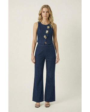Modenaire Denim Vest And Wide Leg Pants Set - Blue