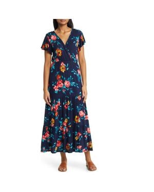Loveappella Floral Tiered Faux Wrap Knit Maxi Dress - Blue