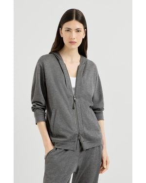 Brunello Cucinelli Cotton And Silk Interlock Hooded Sweatshirt With Precious Zipper Pull - Gray