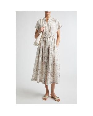 Eleventy Val Floral Linen Midi Shirtdress - Natural