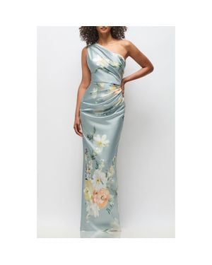 After Six Malin Floral One-Shoulder Satin Charmeuse Gown - Blue