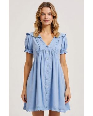 Modenaire Button-Front Puff Sleeve Lace Trim Ruffle Detail Mini Dress - Blue