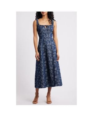 Moon River Floral Denim Midi Dress - Blue