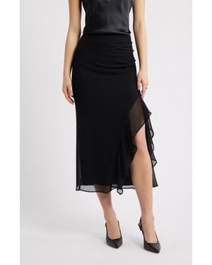 Open Edit Ruffle Chiffon Midi Skirt - Black