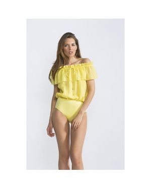 NESSI BYRD Bardot-Style Textured Off-The-Shoulder Ruffled One-Piece Swimsuit - Yellow