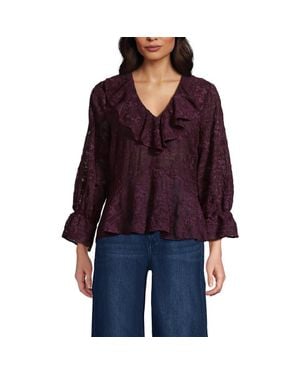 Lands' End Feminine Ruffle Chiffon V Neck Blouse - Red