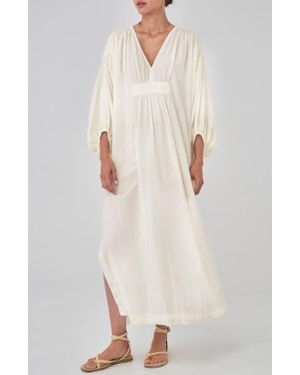 ocean + main Rouched Shoulder Maxi Cotton Caftan - White