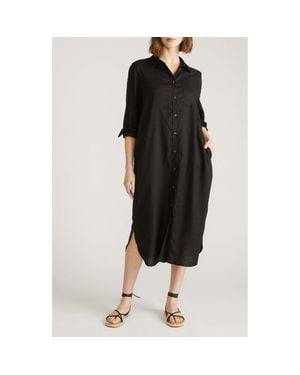 UNIVERSAL STANDARD Odeon Long Sleeve Stretch Linen Blend Shirtdress - Black