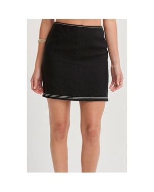 Crescent Embroidered Contrast Stitch Linen Mini Skirt - Black
