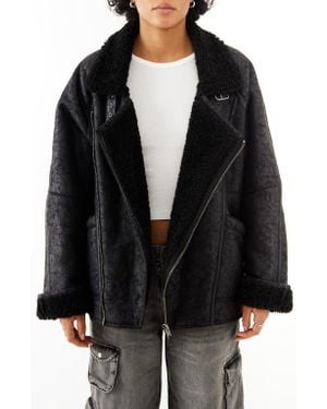 BDG Ella Faux Shearling Lined Faux Leather Aviator Jacket - Black