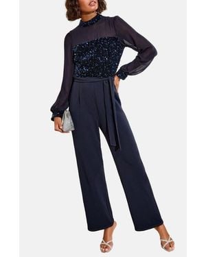 Friends Like These Sequin Mixed Media Long Sleeve Jumpsuit - Blue