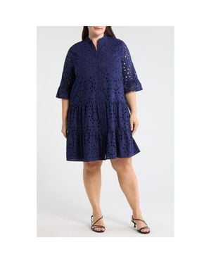 Anne Klein Eyelet Embroidered Tiered Cotton Dress - Blue
