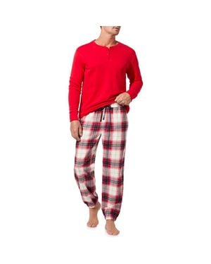 Bedhead Henley Pajama Top And Organic Cotton Flannel Pajama Sweatpants Set - Red