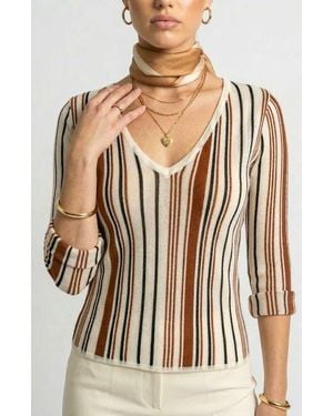 Knit & Lounge Long Sleeve Sweater Top With V Neck And Vertical Stripe Pattern - Multicolor