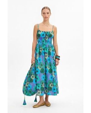Ro's Garden Crispy Cotton Sloane Midi Dress - Blue