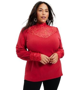 June + Vie Lace Yoke Mockneck Top - Red