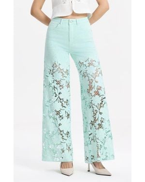 Bayeas Crystal Embellished Lace Wide Leg Jeans - Blue