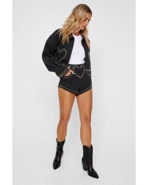Nasty Gal Heart Studded Cropped Denim Jacket - Black