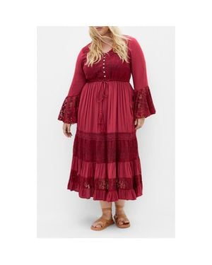 City Chic Dulce Lace Detail Long Sleeve Maxi Dress - Red