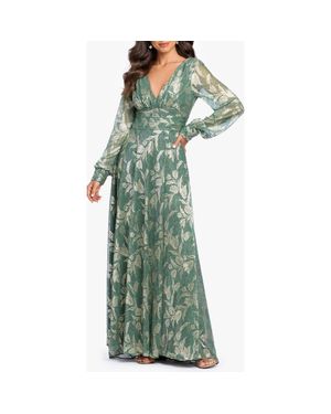 Betsy & Adam Metallic Floral Long Sleeve Crinkle Mesh Gown - Green