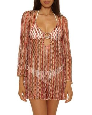 Becca Desert Dancer Metallic Long Sleeve Sheer Cover-Up Dress - Orange