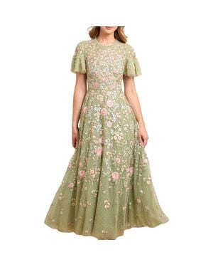 Needle & Thread Antoinettes Floral Round Neck Midi Gown - Green