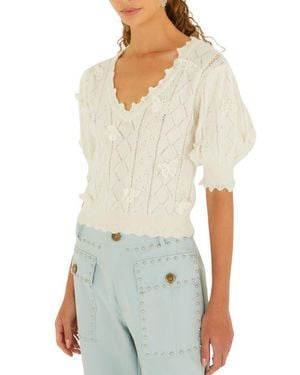 FARM Rio Richilieu Butterfly Appliqué Pointelle Sweater - White