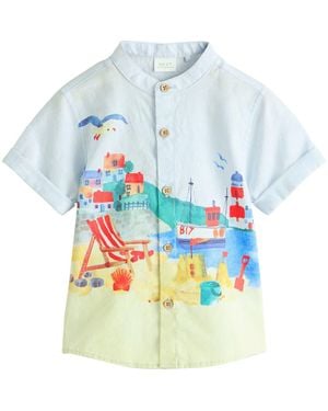 Next Kids' Seaside Print Grandad Collar Short Sleeve Button-Up Shirt - Blue