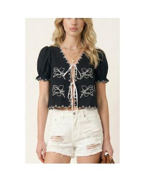 Modenaire Puff Sleeve Embroidered Front Tie Blouse - Black