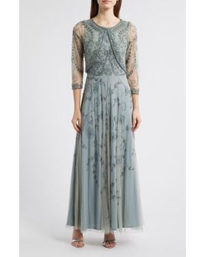 Pisarro Nights Beaded Mesh Gown With Jacket - Gray
