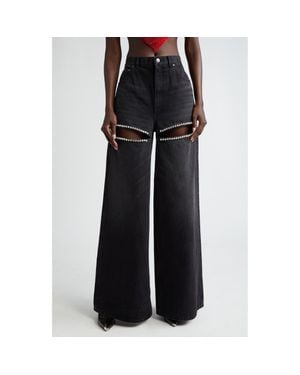 Area Crystal Embellished Cutout Wide Leg Jeans - Black